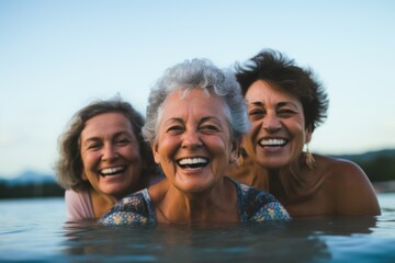 Portrait of diverse senior women swimming in lake