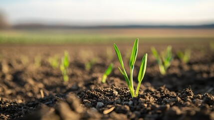 Wheat sprouts break through the soil, with a blurred farm landscape in the background, representing nature's nurturing