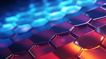 Fototapeta premium Hexagon background. Close-up view of a surface made up of hexagonal shapes, honeycomb pattern. Tessellation, geometric wallpaper. Three-dimensional, depth and modern design.