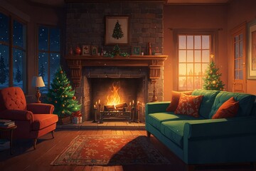 Fototapeta premium Retro Christmas interior with fireplace