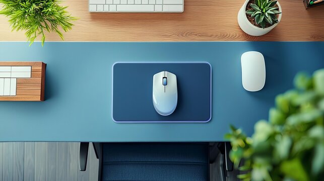 Ergonomic  workplace  functionality Top-down view of an ergonomic workspace with a gel mouse pad and wrist rest, Ergonomic accessories, Health-focused office tools