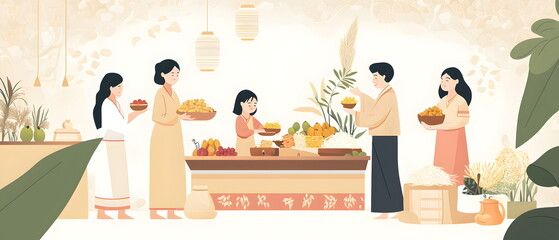 A flat illustration of families performing ancestral rituals (Charye), offering rice, fruit, and traditional foods on an altar. Soft pastel colors dominate the scene