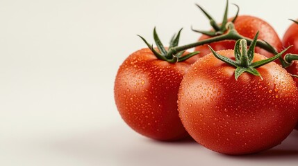 Fresh, dewy tomatoes on vine, perfect for recipes or healthy meals. A vibrant addition to any culinary collection.