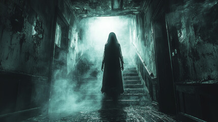 A shadowy figure stands on a staircase in an abandoned building.