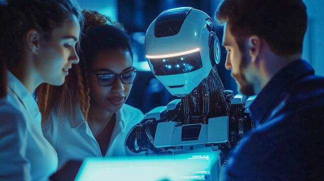 A team of professionals engaged in a discussion with a humanoid robot in a high-tech environment, emphasizing collaboration and AI integration in the workplace.