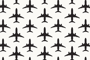 Seamless Pattern with Black Airplane Silhouettes Evenly Spaced on White Background, Suitable for Decor, Wallpaper, or Template