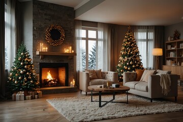 Fototapeta premium Stylish living room interior with beautiful fireplace, Christmas tree