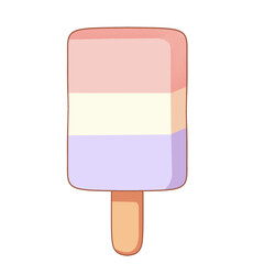 
A pastel-colored popsicle with horizontal stripes in pink, cream, and purple on a brown stick, set against a plain background. Simple and aesthetically pleasing design.