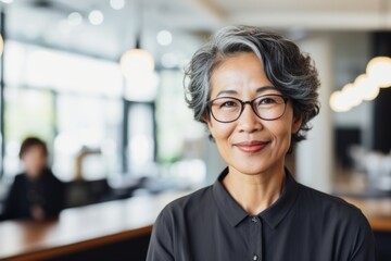 Portrait of a smiling senior Asian businesswoman with short hair in office