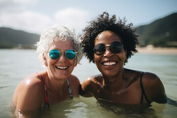 Obraz premium Portrait of diverse senior women swimming in lake