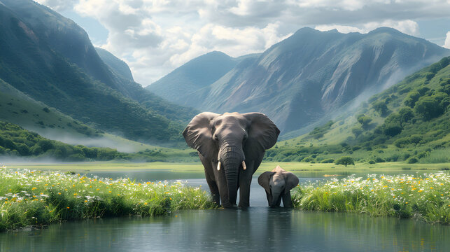 Mother Elephant With Her Calf Walking Through - Powered by Adobe