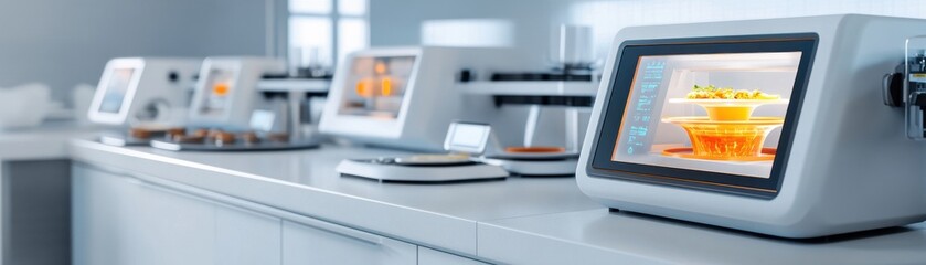 Modern kitchen with advanced cooking devices displaying vibrant food images, showcasing innovation and culinary creativity.