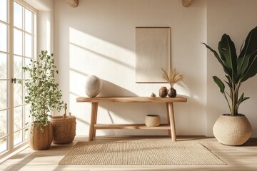 Tranquil minimalist interior with sunlit plants and wooden accents