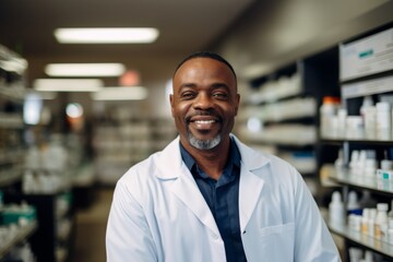 Obraz premium Smiling portrait of a middle aged male pharmacy worker