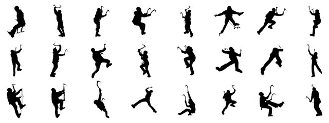 Here is the vector set of silhouettes related to ice climbing. The silhouettes include climbers in dynamic poses, showcasing various aspects of ice climbing.
