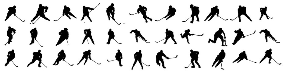 Different hockey player poses, such as skating, shooting, passing and defending. Each pose is a simplified silhouette