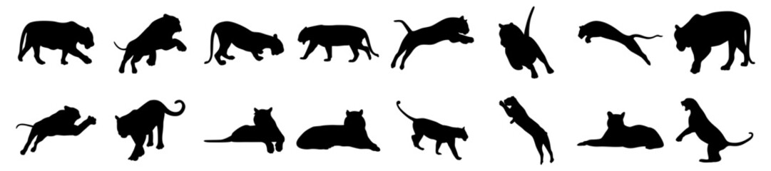 Here is a vector set of tiger silhouettes in various poses including walking, roaring, crouching and pouncing. These sleek and detailed designs emphasize the tiger's powerful and graceful nature.
