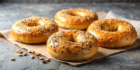 Close up of appetizing homemade bagels with sesame and flax seeds on baking paper, freshly baked in a home kitchen setting on a gray concrete background