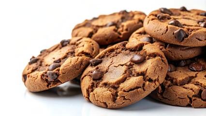Close up of freshly baked chocolate cookies on a white background with copy space