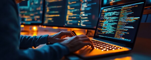 A programmer typing on a laptop with multiple screens displaying colorful code and data in a modern workspace.