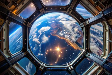 Breathtaking view of earth from space through spacecraft window