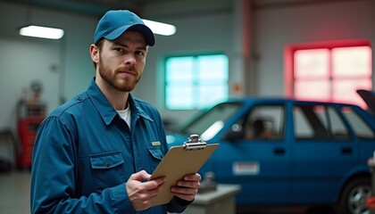 A middle-aged Caucasian man with short brown hair and a beard, wearing a blue work uniform and a baseball cap, holding a clipboard and standing in a garage or workshop setting