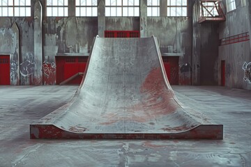 Weathered concrete ramp stands alone in an abandoned skate park, its once vibrant colors now faded and bearing the marks of time and use