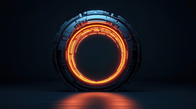 Futuristic circular portal with glowing orange light, set against a dark background, perfect for sci-fi and technology themes.