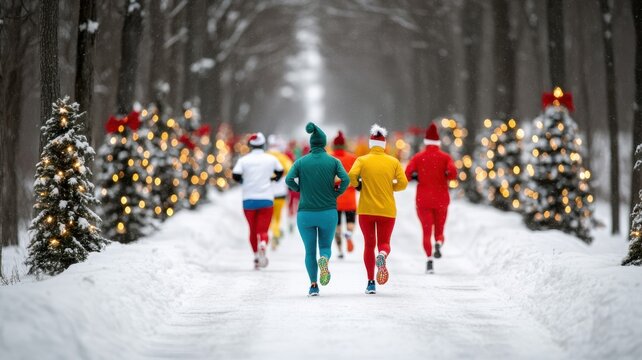 Colorful runners in festive outfits dash through a snowy path adorned with Christmas trees and twinkling lights.