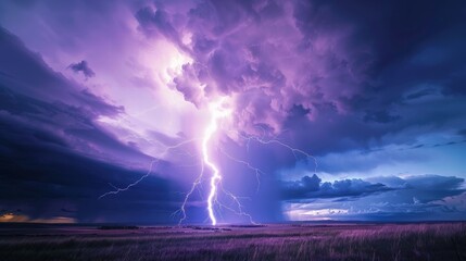 Pulsating energy from a lightning strike over open plains, illuminating the landscape in vibrant