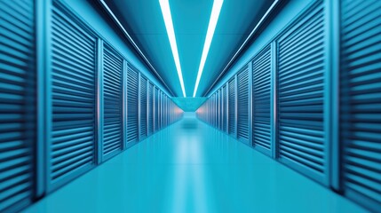 Futuristic data center hallway with illuminated blue lights, showcasing a modern technological environment.