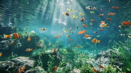 Serene underwater environment with vibrant fish interacting harmoniously