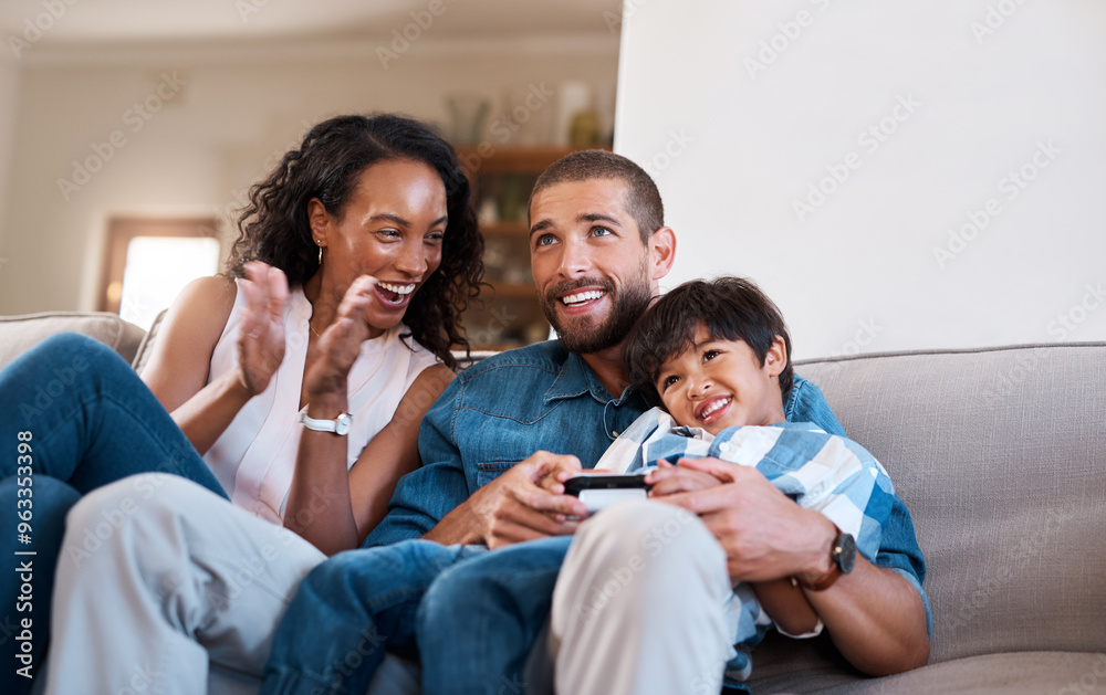 Sticker Video games, TV and parents with child on sofa in home for bonding, relax and playing online in living room. Gaming, family and happy mom, dad and kid on couch for fun, entertainment and winning