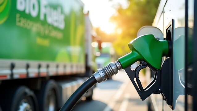 Biofuel filling station with trucks in the background