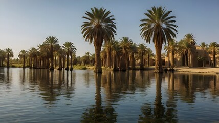 Obraz premium An oasis with an ancient date palm grove, the trunks casting long shadows over the water as sunlight filters through the leaves --ar 3:2 --v 4