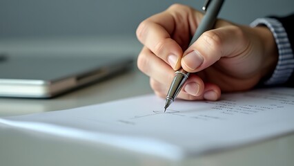 Male hand holding pen and signing legal contract agreement, buying or selling services, make profitable business transaction, put signature of testament, affirming document. Successful deal