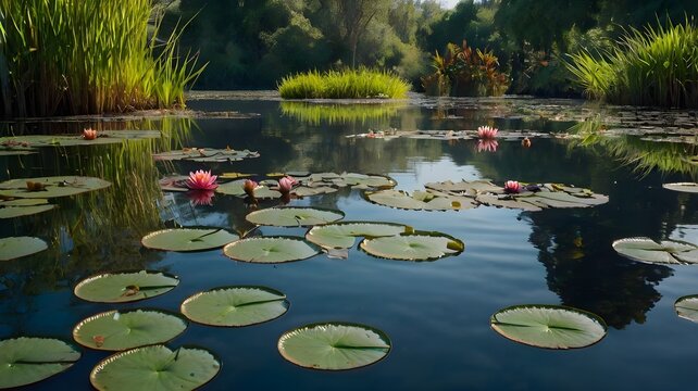   A tranquil oasis with water lilies floating on the surface, and colorful fish visible beneath the clear water --ar 3:2 --v 4