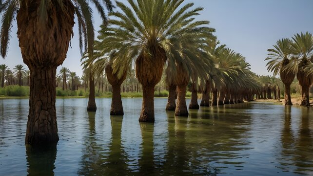  An oasis with an ancient date palm grove, the trunks casting long shadows over the water as sunlight filters through the leaves --ar 3:2 --v 4