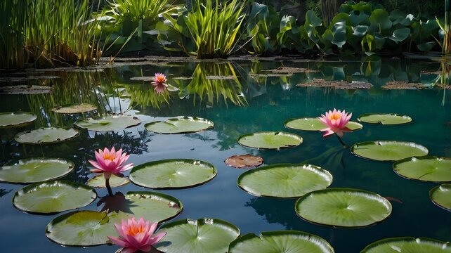   A tranquil oasis with water lilies floating on the surface, and colorful fish visible beneath the clear water --ar 3:2 --v 4