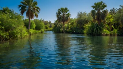 Obraz premium A vibrant oasis under a bright blue sky, shimmering water with gentle ripples, and lush vegetation along the banks --ar 3:2 --v 4