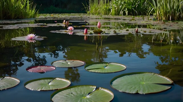   A tranquil oasis with water lilies floating on the surface, and colorful fish visible beneath the clear water --ar 3:2 --v 4