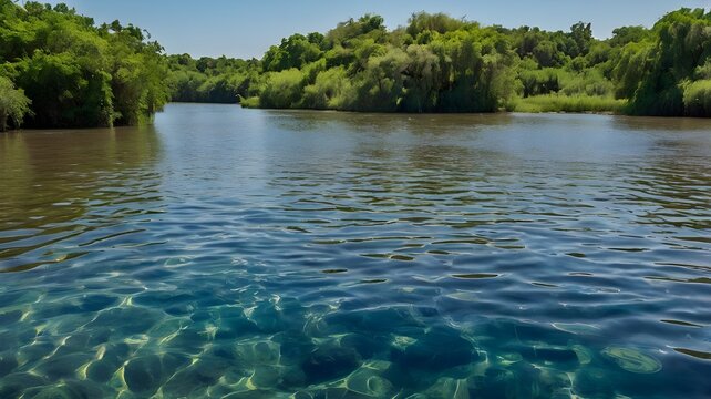 A vibrant oasis under a bright blue sky, shimmering water with gentle ripples, and lush vegetation along the banks --ar 3:2 --v 4