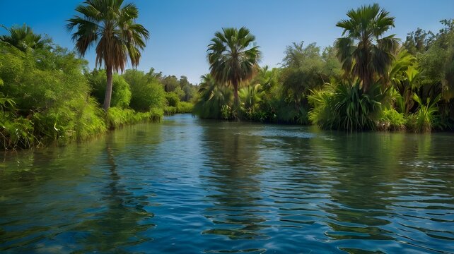A vibrant oasis under a bright blue sky, shimmering water with gentle ripples, and lush vegetation along the banks --ar 3:2 --v 4