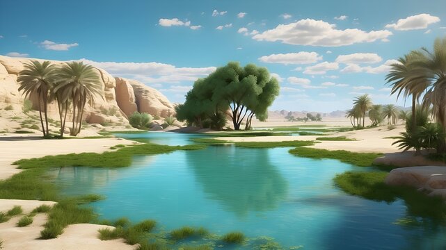   A hidden oasis in the middle of a vast desert, turquoise waters with patches of green grass and tall reeds growing around the edges --ar 3:2 --v 4