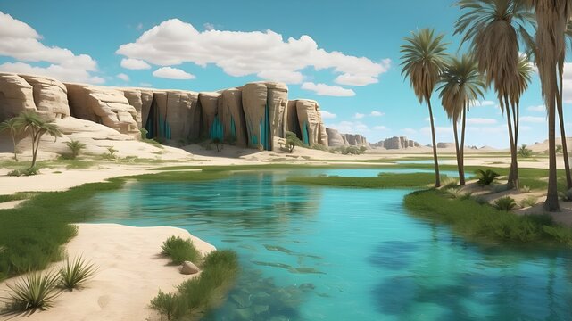   A hidden oasis in the middle of a vast desert, turquoise waters with patches of green grass and tall reeds growing around the edges --ar 3:2 --v 4