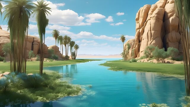   A hidden oasis in the middle of a vast desert, turquoise waters with patches of green grass and tall reeds growing around the edges --ar 3:2 --v 4