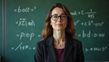 A middle-aged Caucasian woman with long brown hair wearing glasses and a black blazer, standing in front of a chalkboard with mathematical equations