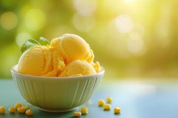 Yellow Ice Cream in a Bowl on Green Background