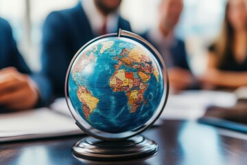 A globe sits on a table in front of three businesspeople. The globe symbolizes international business and global connections.