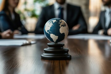 A globe sits on a table in front of three businesspeople.